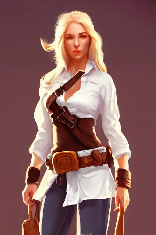 Image similar to full body, female cowgirl, perfect face, white blouse, holster, 8 k, magic the gathering, desert, d & d, artstation, high detail, smooth, sweaty character concepts by senior concept artist