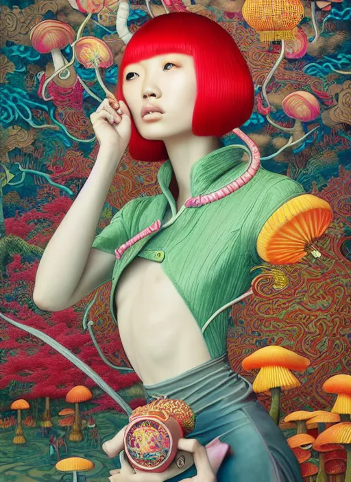 Image similar to pretty chinese model with hallucination mushroom : : by martine johanna and simon stalenhag and chie yoshii and casey weldon and wlop : : ornate, dynamic, particulate, rich colors, intricate, elegant, highly detailed, centered, vogue, fashion magazine, smooth, sharp focus, octane render, 8 k