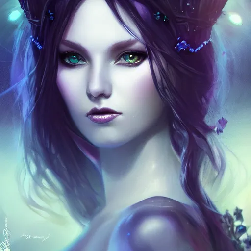 Prompt: detailed portrait of a dark fairy queen , realism, pale blue, emerald, sapphire,dark purple crown,leaves, moonlit, dark fantasy, dramatic lighting, cgsociety, artstation