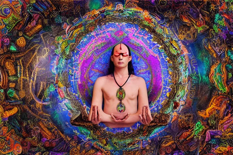 Prompt: meditating psychedelic ritual practitioner with trinket necklace, epic angle and pose, reflective pool, central composition, circular, symmetrical artwork, ayahuasca, translucent, fungus, energy flows of water and fire, highly detailed, epic cinematic concept art, excellent composition, dystopian brutalist atmosphere, dynamic dramatic lighting, aesthetic, very inspirational, arthouse, Greg Rutkowski, Artgerm