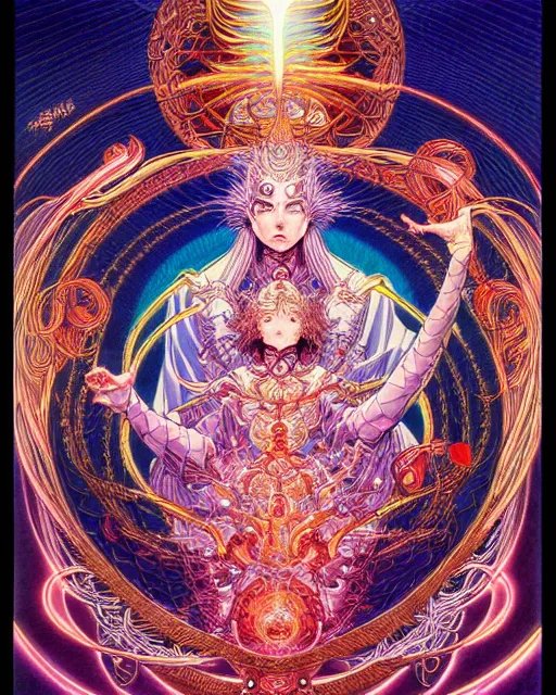 Prompt: hyper detailed illustration of the god of light, prismatic, kami, intricate linework, lighting poster by moebius, ayami kojima, 90's anime, retro fantasy