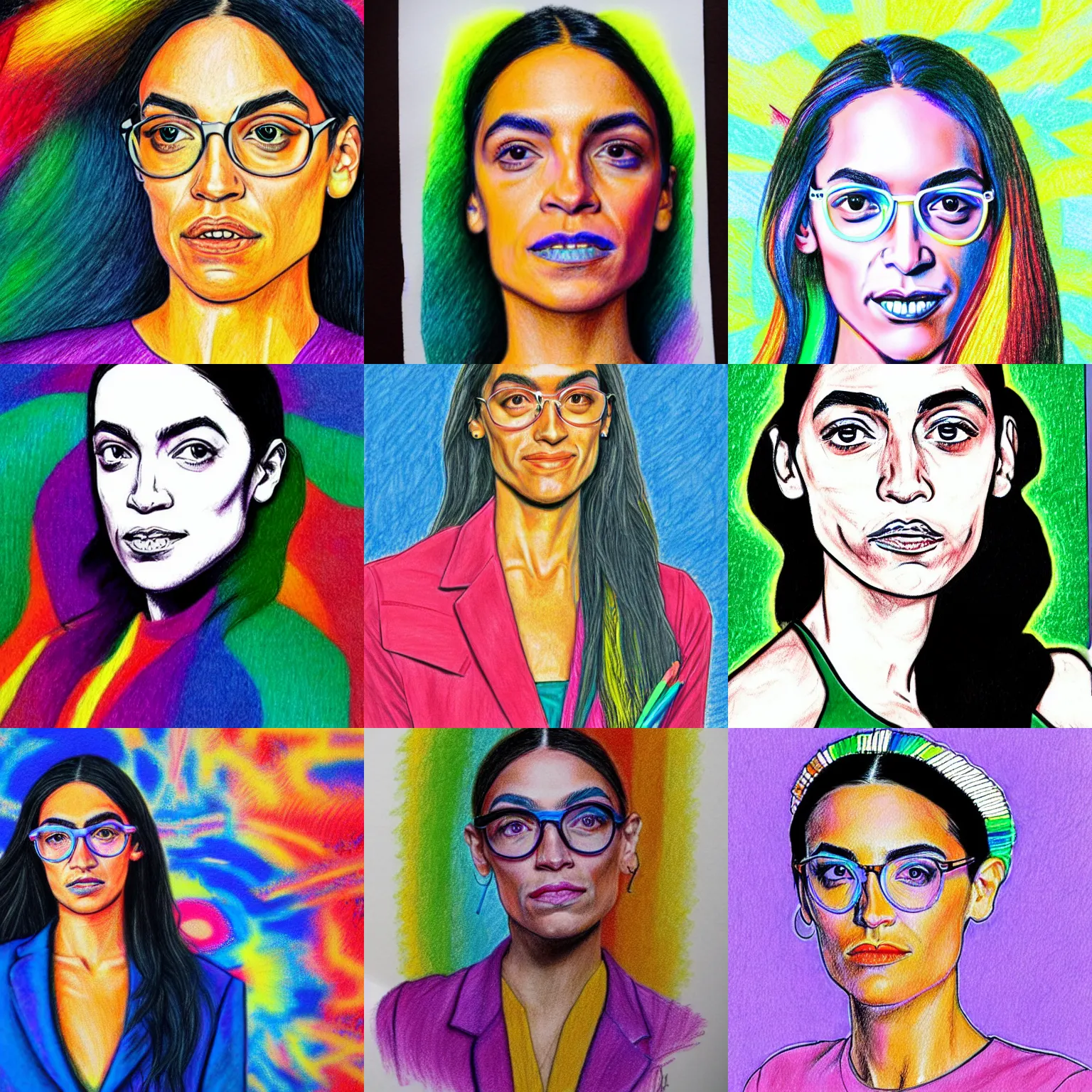 Prompt: a psychedelic color pencil drawing of alexandria ocasio cortez