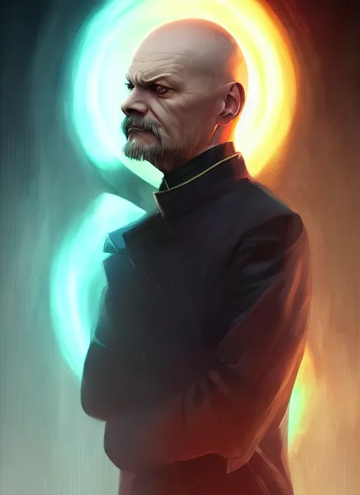 Image similar to « a portrait o cyberpunk vladimir lenin, glowing eyes, a digital painting by charlie bowater, featured on cgsociety, fantasy art, behance hd, wiccan, artstation hd »