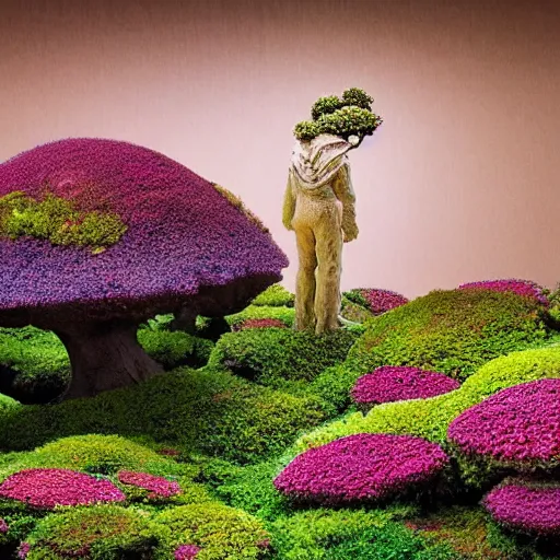 Image similar to A picture of a planet of various flowers, fungus and plants, Bonsai , in which the human figure is dressed in something magical and impressive, inside the picture is infinity, muted light, BotanicalAtmospheric phenomenon, artistic photography, muted colors, conceptual, Kodachrome