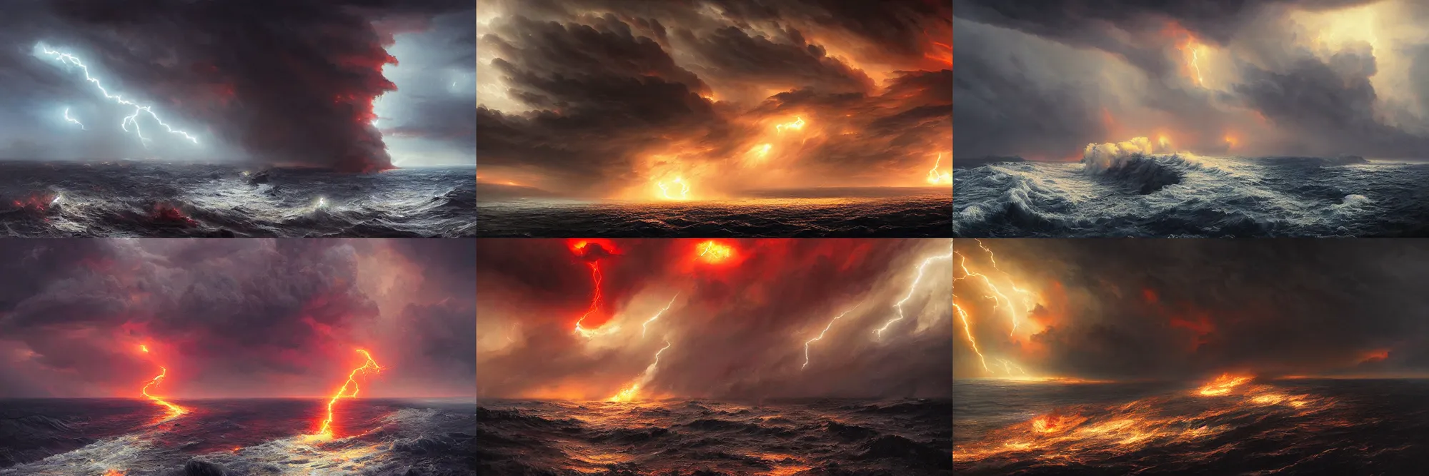 Prompt: apocalyptic tumultuous sea, fire tornado, storm, vortex, lightning, nuclear explosion, dramatic lighting, dark, by greg rutkowski and jeffrey smith, trending on artstation