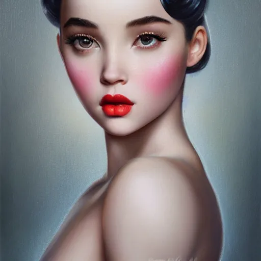 Prompt: tom bagshaw portrait, beautiful asian mix of dove cameron madison beer bella poarch in a full dress body, 1 9 5 0 pinup look, professionally retouched, focus eyes, ultra realistic soft painting, insanely detailed linework, symmetrical accurate intricate features, behance, 8 k