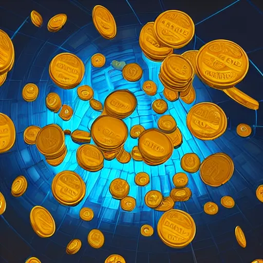 Prompt: Stacks of glowing coins in cyberspace, digital illustration by Adam S Doyle