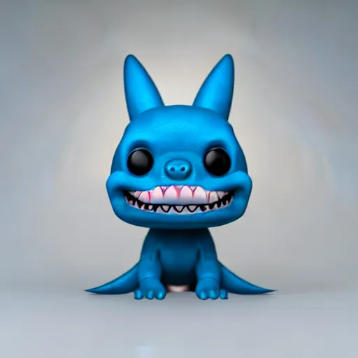 Image similar to cute baby shark with short blue fur smiling, funko pop, beanie baby, daz 3 d, octane render, studio lighting