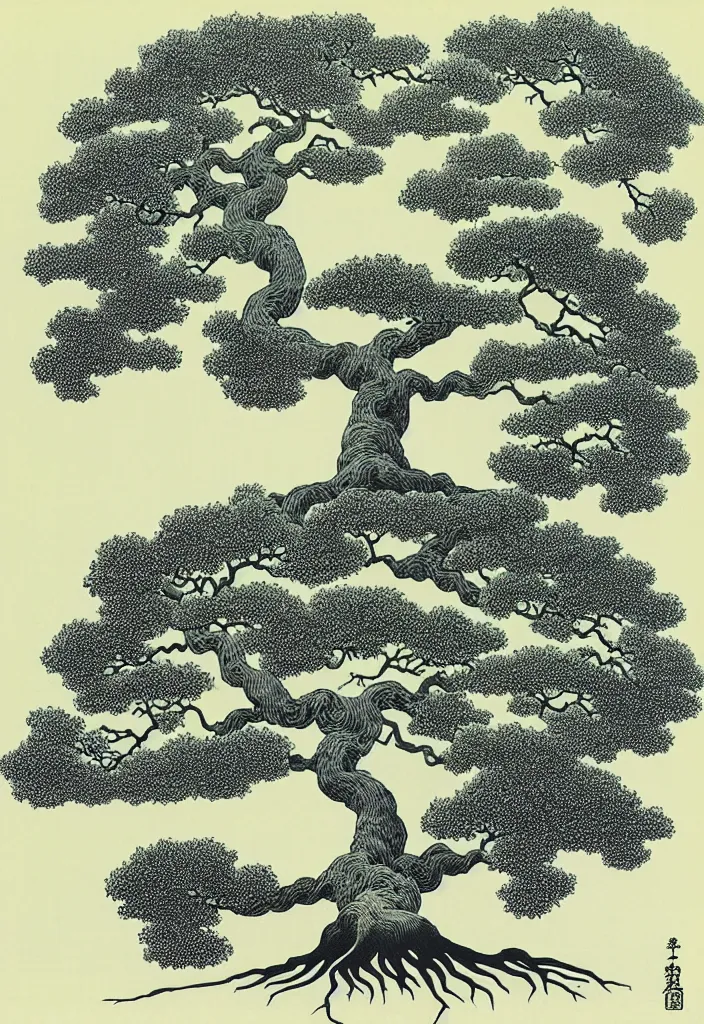 Image similar to prompt: white Bonsai tree roots merging into big moon drawn by Rene Magritte, Japanese woodblock print style, clean ink detailed line drawing, intricate detail, manga 1990