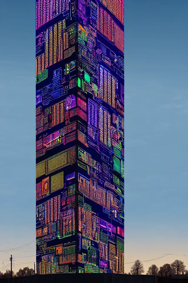 Prompt: cyberpunk tower made out of billions of stacked computer screens by simon stalenhag and dan mumford