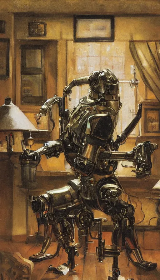 Image similar to upper body portrait of a fat armoured cyborg in an english country pub, by normal rockwell and greg staples and john singer sargent