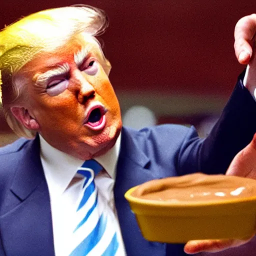 Prompt: donald j. trump shooting chocolate pudding from his fingertips