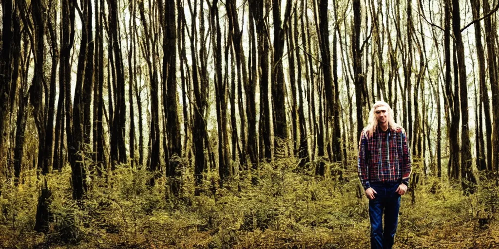 Image similar to tall!!! (((blond))) man wearing a flannel shirt in a forest, long wavy hair, long blond hair, blond, forest, trees, flannel shirt, lumbarjack, photo, low angle photo,