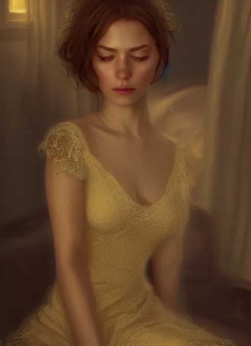 Prompt: young woman beautiful face : : sleeping lace dress : : night home bed : : weta disney pixar movie still photo : : decadent highly - detailed digital painting, full length shot, golden ratio, octane render, artstation, smooth, sharp focus, artgerm, mucha, loish, wlop, gogo