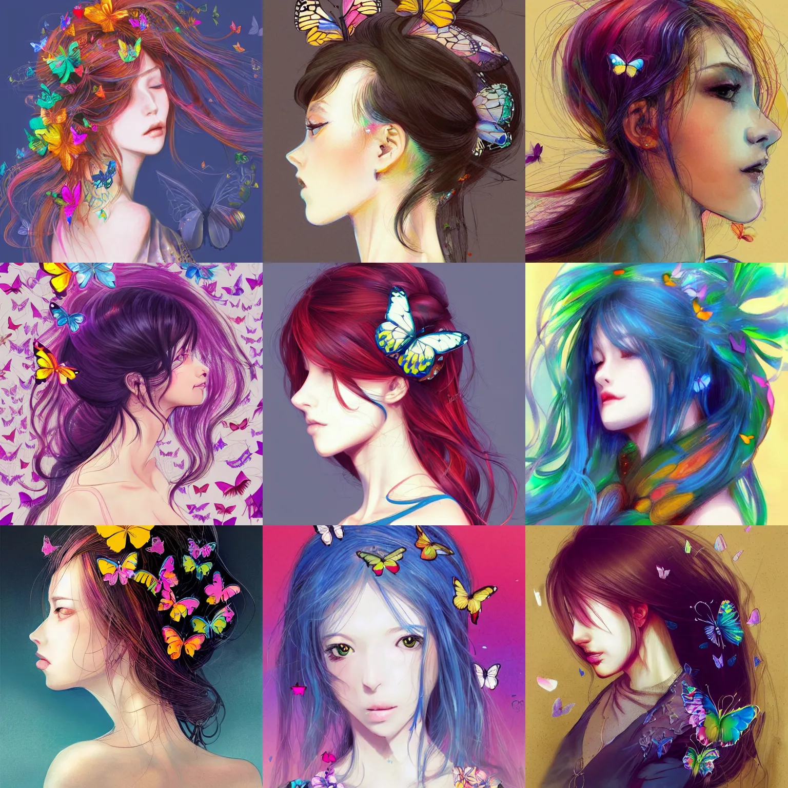 Prompt: A beautiful side portrait illustration of a woman. Colorful butterflies emerge from her hair, covering almost all of her head. Art by Yoshitaka Amano, trending on Artstation.