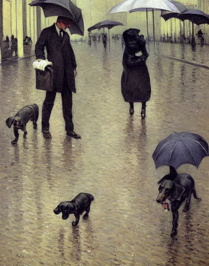 Image similar to Dachshund in rainy weather in Paris, oil painting by Gustave Caillebotte