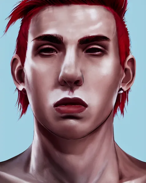 Prompt: young man with a short red mohawk, slim face, piercings, dressed in crustpunk clothing, headshot, attractive, handsome, model, trending on artstation, high quality art, character design, realism art, award winning art, clean face, by aaron griffin, in color, no makeup, no tattoos, no facial hair