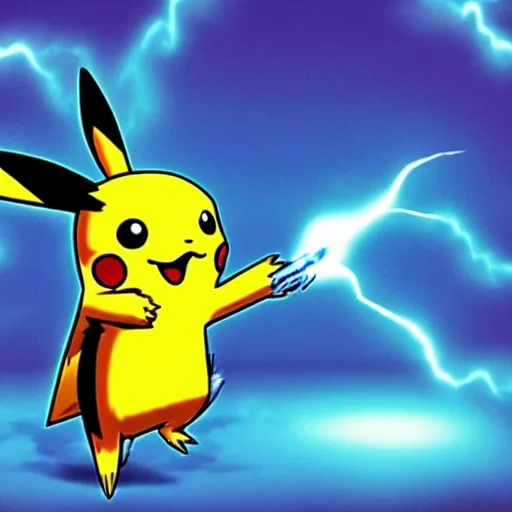 Image similar to a blue pikachu shooting bright electric lightning out of his ears in the style of pokemon anime def 8 k