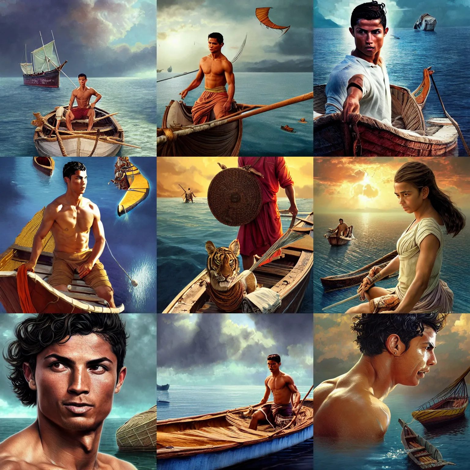 Prompt: Cristiano Ronaldo Life Of Pi movie character, highly detailed, digital fantasy character, painted portrait, artstation, concept art, hard focus, illustrations, works by artgerm and Greg Rutkowski, Alphonse Mucha and Craig Mullins, James Jean, Andrey Ryabovichev, Mark Simonetti and Peter Morbacher, 16k,