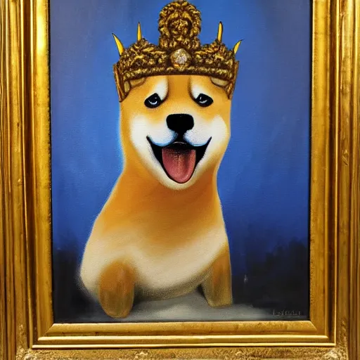 Prompt: oil painting of a shiba inu dig wearing a ornate crown