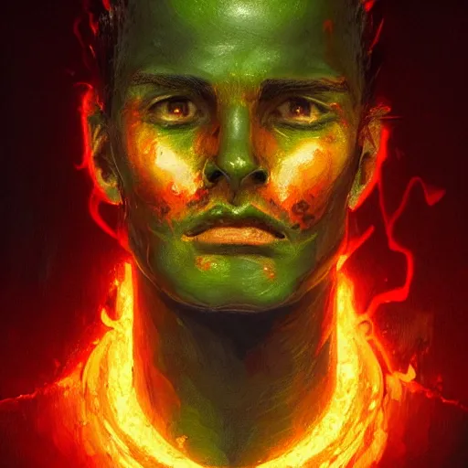 Prompt: atractive man face made of green lava and fire, cyberpunk fashion, character design humanoid, realistic shaded perfect face, fine details, very dark environment, misty atmosphere, closeup, d & d, fantasy, intricate, elegant, highly detailed, digital painting, artstation, hearthstone, art by artgerm and greg rutkowski and alphonse mucha, marvelous designer