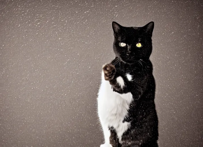 Image similar to photography of a Cat sitting on a box. in a room full of posters, photorealistic, raining award winning photo, 100mm, sharp, high res