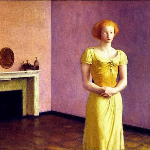 Image similar to close up of a ivory golden girl in a very ornate haunted liminal abandoned room, film still by edward hopper, by Pontormo, by klimt, pre-raphaelite. art noveau, art noveau, highly detailed, strong lights, liminal, eerie, Bright pastel colors