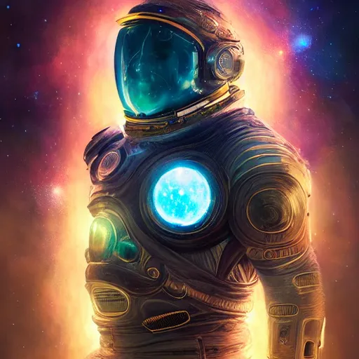 Image similar to Portrait of a cosmic god, space suit made of stars, galaxy and nebulas, intricate, cinematic lighting, highly detailed, digital painting, artstation, concept art, smooth, sharp focus, illustration, art by Artgerm and Greg Rutkowski