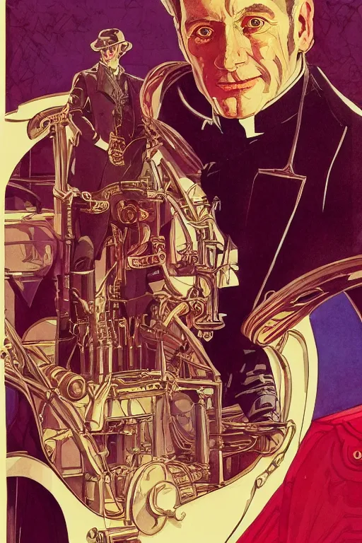 Image similar to zoomed out portrait of a duke, victorian era, art deco style, stylized illustration by moebius and juan gimenez, watercolor gouache detailed paintings in style of syd mead, ridley scott, metabaron, ghibli studio vibe, vivid colorful comics style, clean line, diesel punk, artstation