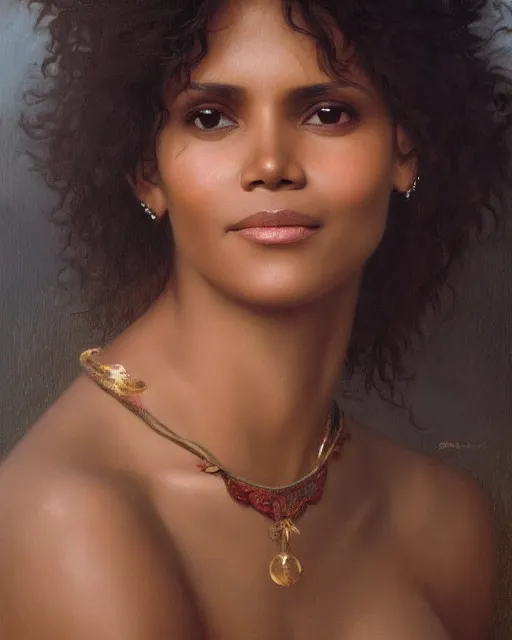 Image similar to beautiful glorious realistic oil painting of young halle berry, bokeh, baroque style by bouguereau, sunset, highly detailed, 8 k intricate