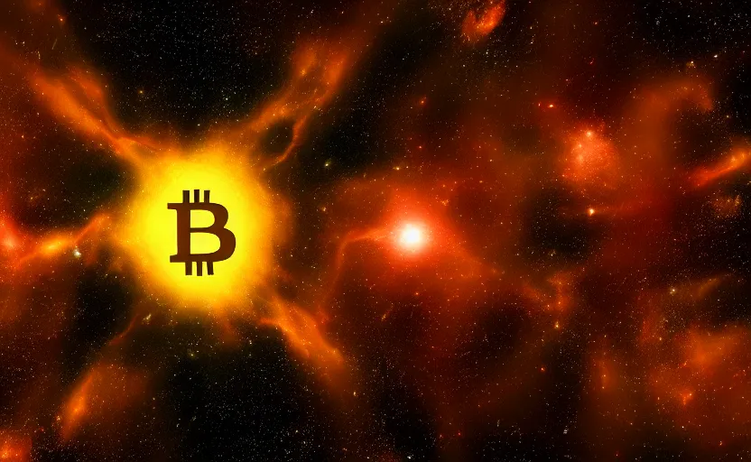Image similar to bitcoin star system, space, volumetric light, 4 k, nebula, stars