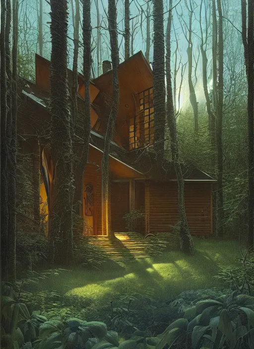 Image similar to hyper realistic witchy modern house with mood lighting and tech in the woods gorgeous lighting, blue sky, highly detailed, lush forest foliage painting by zdzisław beksinski and norman rockwell and greg rutkowski weta studio, and lucasfilm