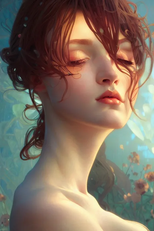 Image similar to a beautiful nymph, fantasy, portrait, sharp focus, intricate, elegant, digital painting, artstation, matte, highly detailed, concept art, illustration, ambient lighting, art by ilya kuvshinov, artgerm, Alphonse mucha, and Greg Rutkowski