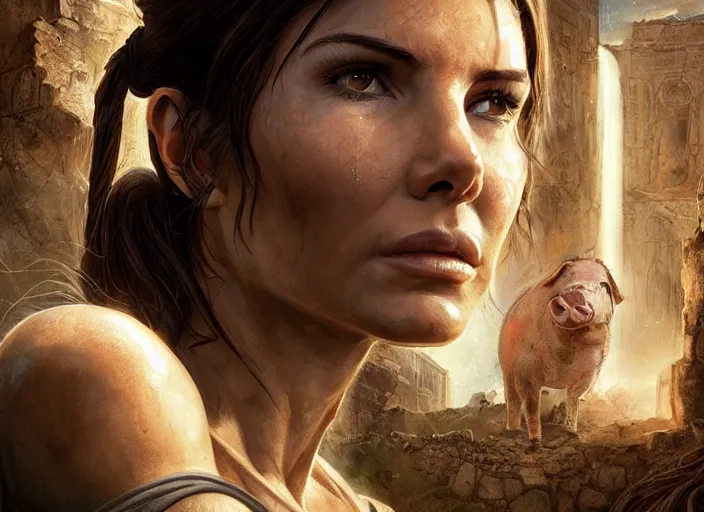 Image similar to face portrait of concentrated young Sandra Bullock as Lara Croft with pig-tails entering an incredible epic ruin, glorious sun beams, intricate, elegant, highly detailed, digital painting, short focus, illustration, Allan Lee, John Howe