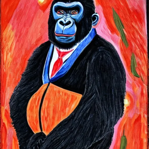 Prompt: a gorilla wearing a nice black tuxedo with a red tie, fauvism, 8 k, highly detailed,