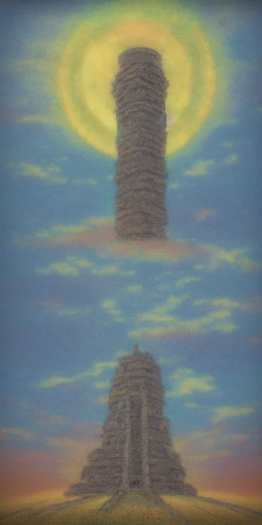 Image similar to “ a landscape pastel in the style of noriyoshi ohrai of an ancient holy tower, it has iridescent mana radiating from it. it is centered. the background is the sky at night. retrofuturistic fantasy ”