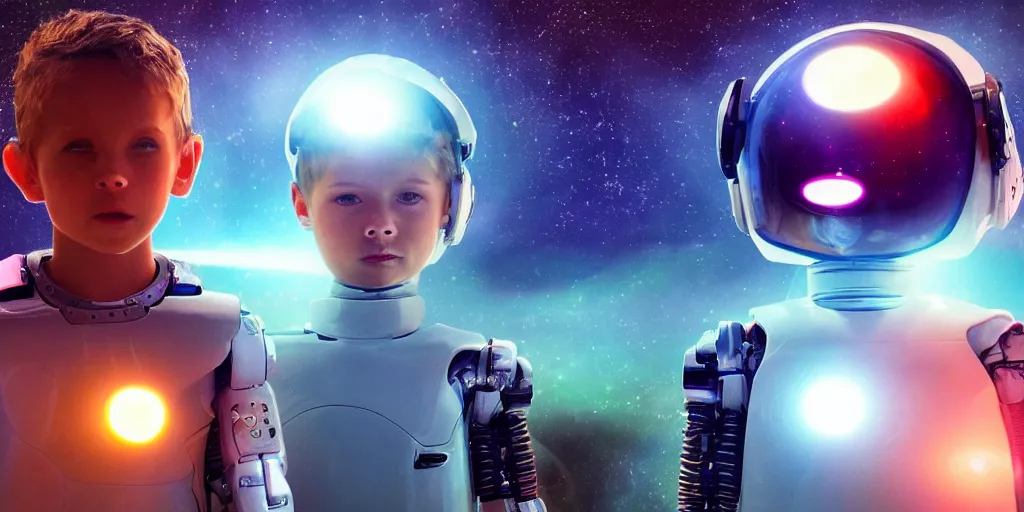 Image similar to futuristic children with rgb ambient lighting eye implants. the children wears spacesuits, and explores the cosmos rocket powered motorcycles. science fiction blockbuster movie teen nebulous or my robot ate my homework, dramatic lighting, interstellar film ( 2 0 1 4 )