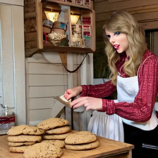 Prompt: Taylor swift making cookies happily in a cute cottage on the forest