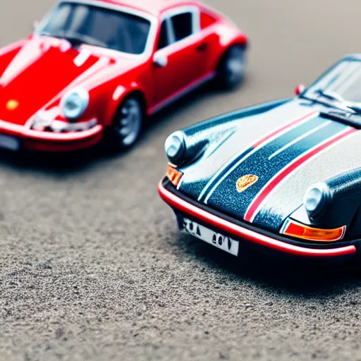 Image similar to close up photo of a small toy porsche 9 1 1 9 6 4 on a road stripe, cinematic, shallow dof, 3 5 mm, 4 k, macro