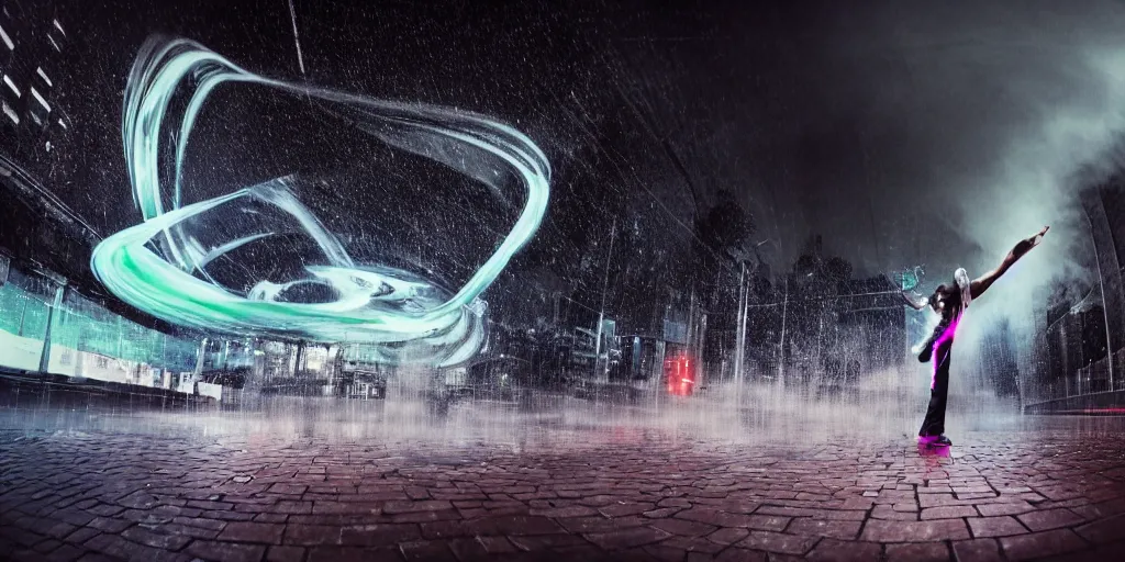 Image similar to fisheye lens slow motion with trail effect of futuristic break dancer wearing floating long dress with neon lights, long exposure shot , at night in the middle of a rainy wet street, paddle of water, steam, fog, water splashes, rim lights, glossy reflections, water droplets on lens, octane render, dark and dramatic, fire explosions in the background, detailed and soft, fisheye lens, smooth, sharp focus, illustration, art by artgerm and greg rutkowski and Annie Leibovitz, graphic glitches, vogue, editorial fashion photography