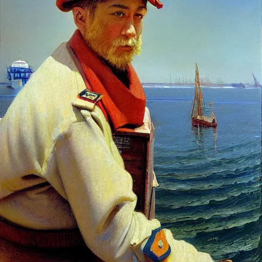 Image similar to painting of sailor boy hyperrealism vasily vereshchagin at harbor