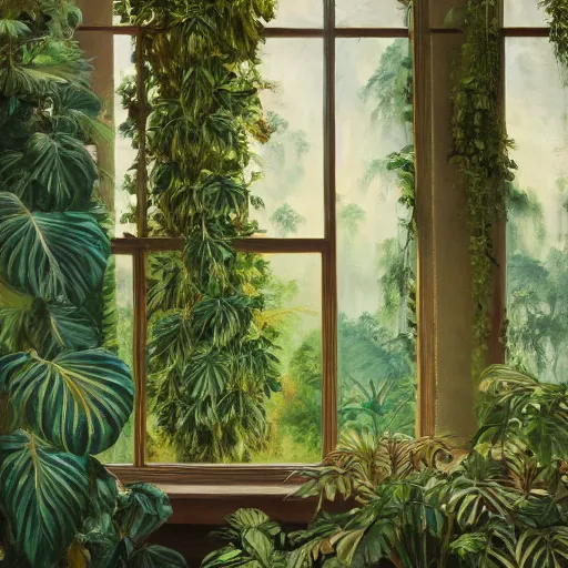 Prompt: exotic plants in a huge glass display partially covered by a curtain, the 1 9 6 0 s, oil painting, pale colors, high detail, 8 k, wide angle, trending on artstation