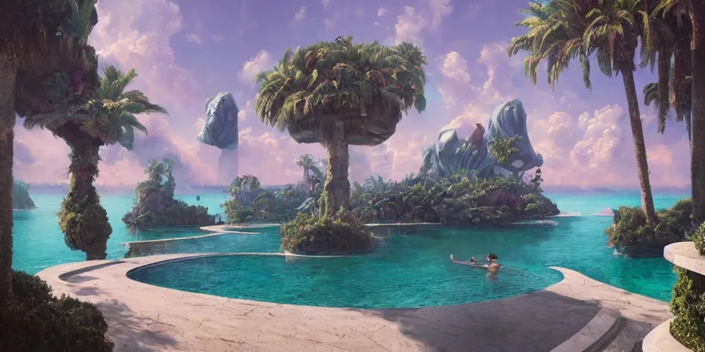 Image similar to artgem and greg rutkowski masterpiece, hyperrealistic surrealism, award winning masterpiece with incredible details, epic stunning, infinity pool, a surreal vaporwave liminal space, highly detailed, trending on ArtStation, calming, meditative, pink arches, palm trees, very vaporwave, very very surreal, sharp details, dreamscape, giant head statue ruins