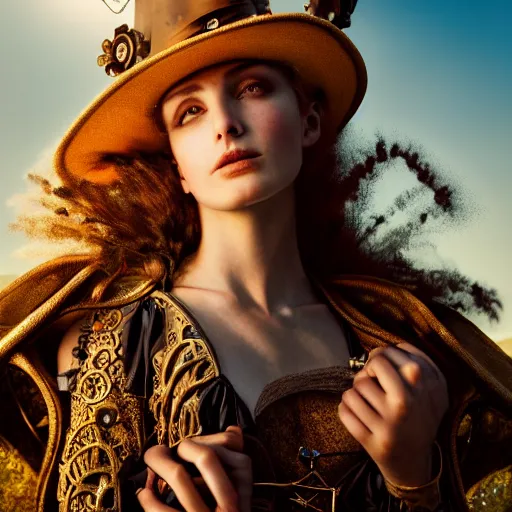 Prompt: photographic portrait of a stunningly beautiful steampunk renaissance female in strong sunshine, contemporary fashion shoot, by edward robert hughes, annie leibovitz and steve mccurry, david lazar, jimmy nelsson, breathtaking, 8 k resolution, extremely detailed, beautiful, establishing shot, artistic, hyperrealistic, beautiful face, octane render