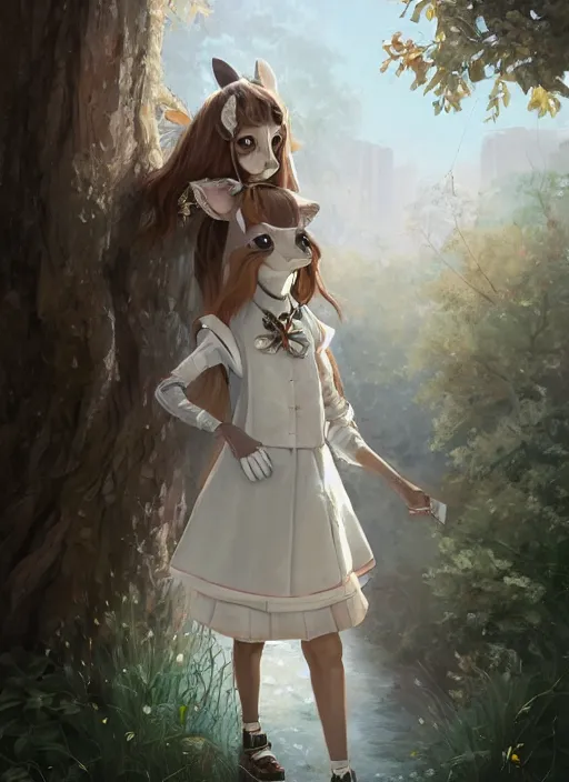 Image similar to beautiful portrait commission of a shy female furry anthro whitetail deer fursona wearing a white blouse and a knee-length skirt, holding a bookbag while walking through a college campus, intricate, elegant, highly detailed, digital painting, artstation, concept art, smooth, sharp focus, illustration, art by Krenz Cushart and Artem Demura and alphonse mucha