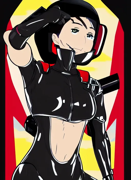 Image similar to Portrait of a female mech pilot in a black latex bodysuit, anime, cel-shaded, highly detailed, monotone, red highlights