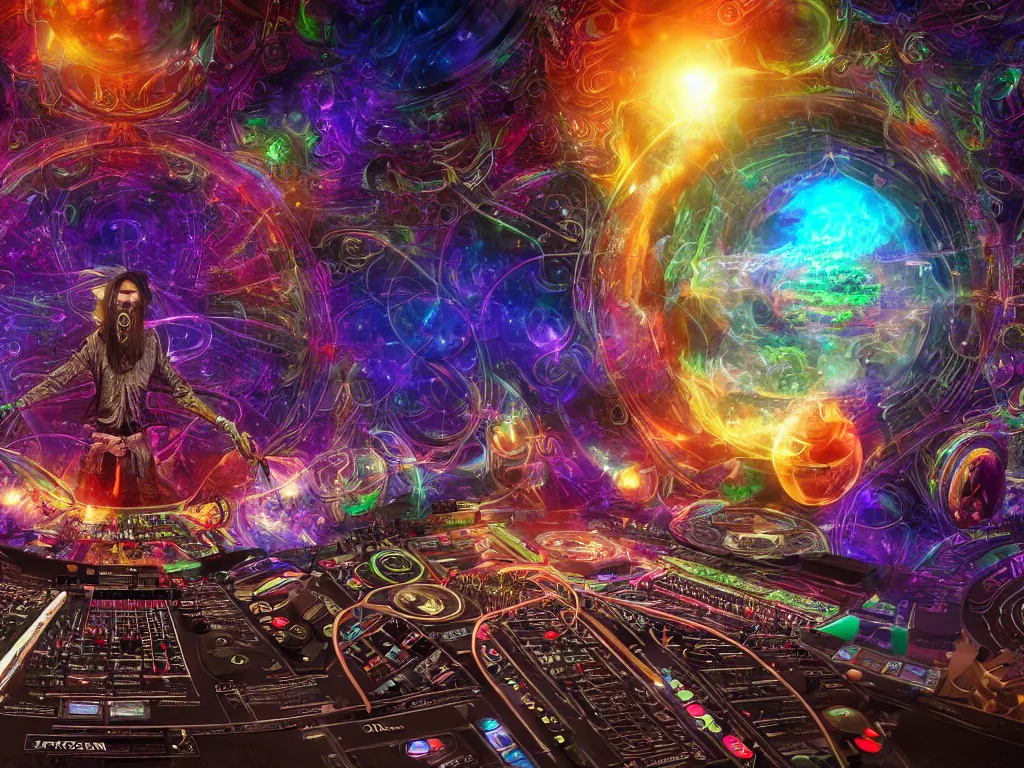 Image similar to an incredible masterpiece of a mystical dj playing a vast array of highly evolved and complex musical technology surrounded by an incredible and complex circular structure in the cosmos, by android jones, octane render, 8 k