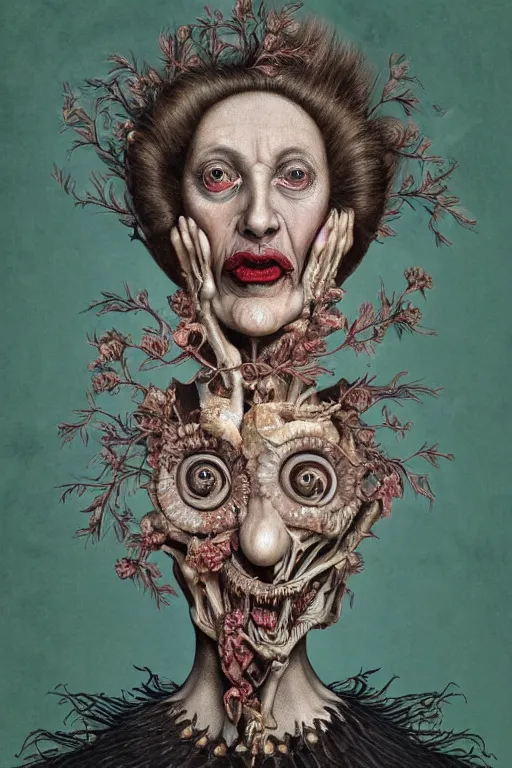 Image similar to Detailed maximalist portrait of a beautiful old woman with large lips and eyes, scared expression, botanical skeletal with extra flesh, HD mixed media, 3D collage, highly detailed and intricate, surreal illustration in the style of Caravaggio, dark art, baroque, centred in image