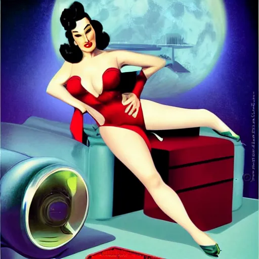 Image similar to a retro sci - fi pinup illustration of dita von teese in the style of alberto vargas and in the style of gil elvgren.