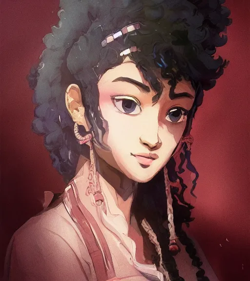 Prompt: character design of anthy himemiya as a college student with black hair, glowing brown skin, delicate features, bollywood starlet, fantasy, small mouth, quiet beauty, intricate, elegant, dress shirt, highly detailed, digital painting, artstation, concept art, smooth, sharp focus, illustration, art by Krenz Cushart and Artem Demura and alphonse mucha